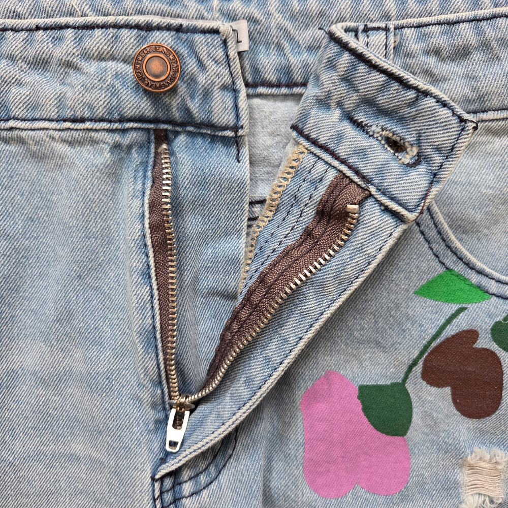 Misslook XL Distressed Denim Floral Painted Artsy Hippie Boho Straight Leg Jeans - Picture 3 of 11